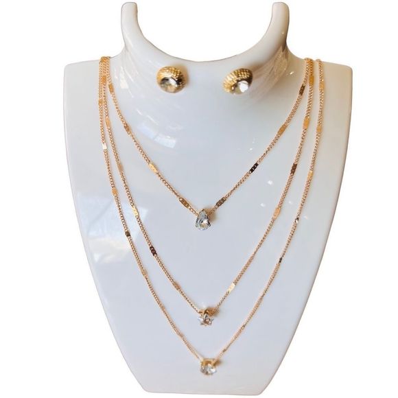 Jewelry set necklace stud earrings layered rhinestones gold tone - Picture 5 of 12